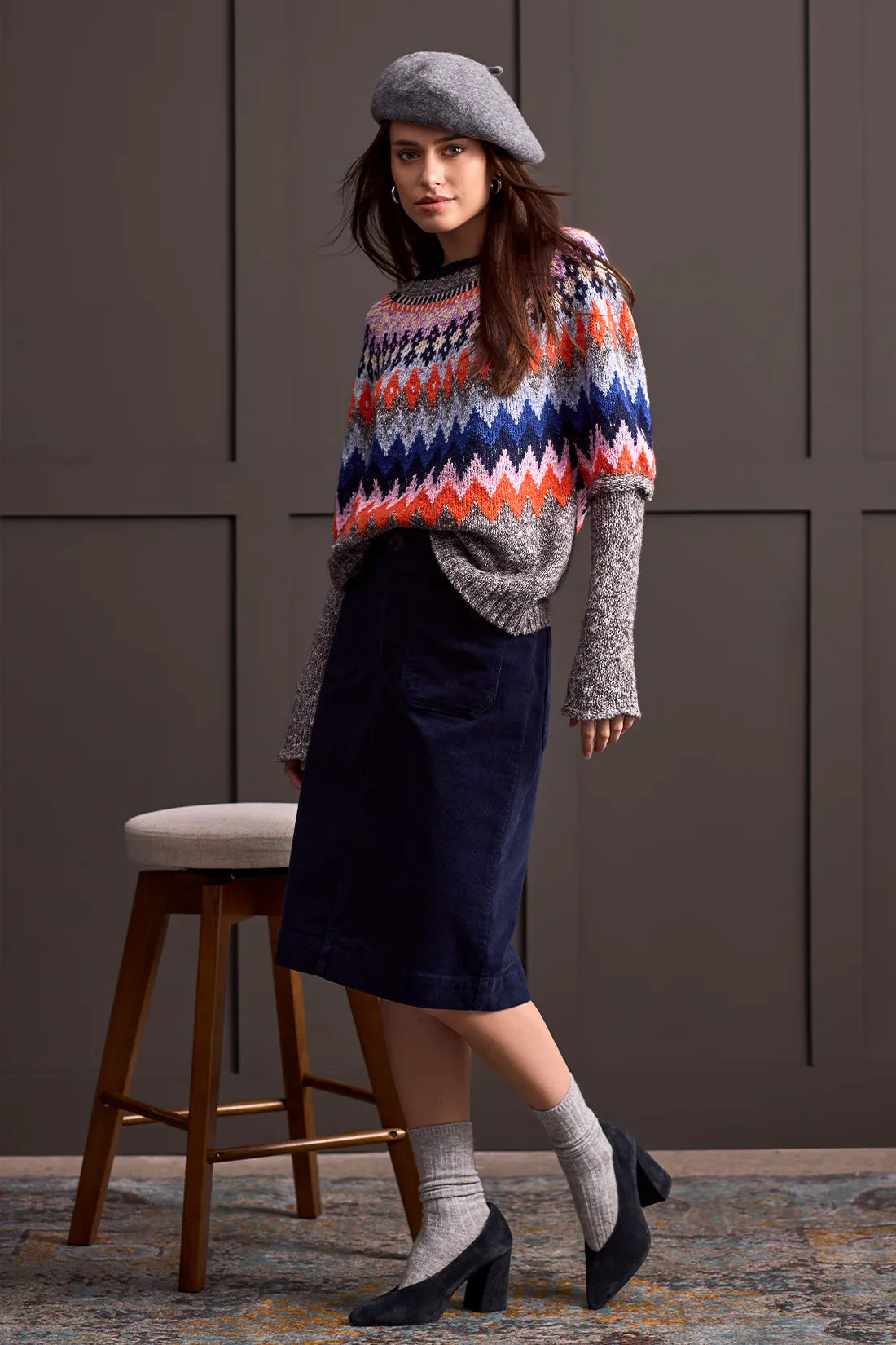 Tribal Gray Mix Ground Intarsia Ribbed Sweater