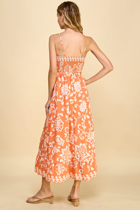 Millibon Big Floral Smocking Back Fit & Flare Long Dress