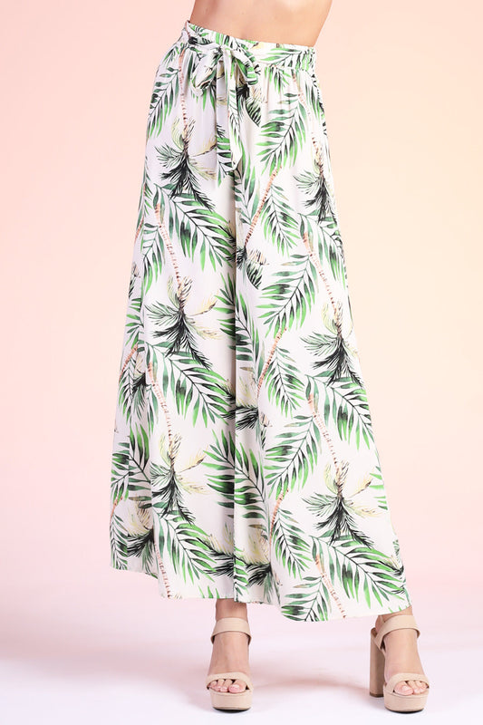 Tyche Palm Tree Leaf Tie Waist Wide Leg Pants