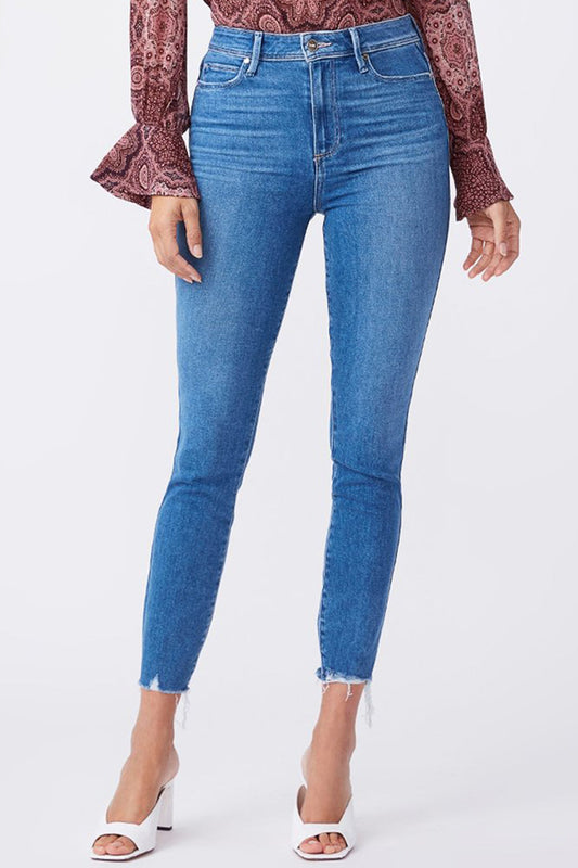 PAIGE - MARGOT ULTRA HIGH RISE SKINNY ANKLE SANTORINI DISTRESSED W/ RAGGED FRAY HEM WAS $449