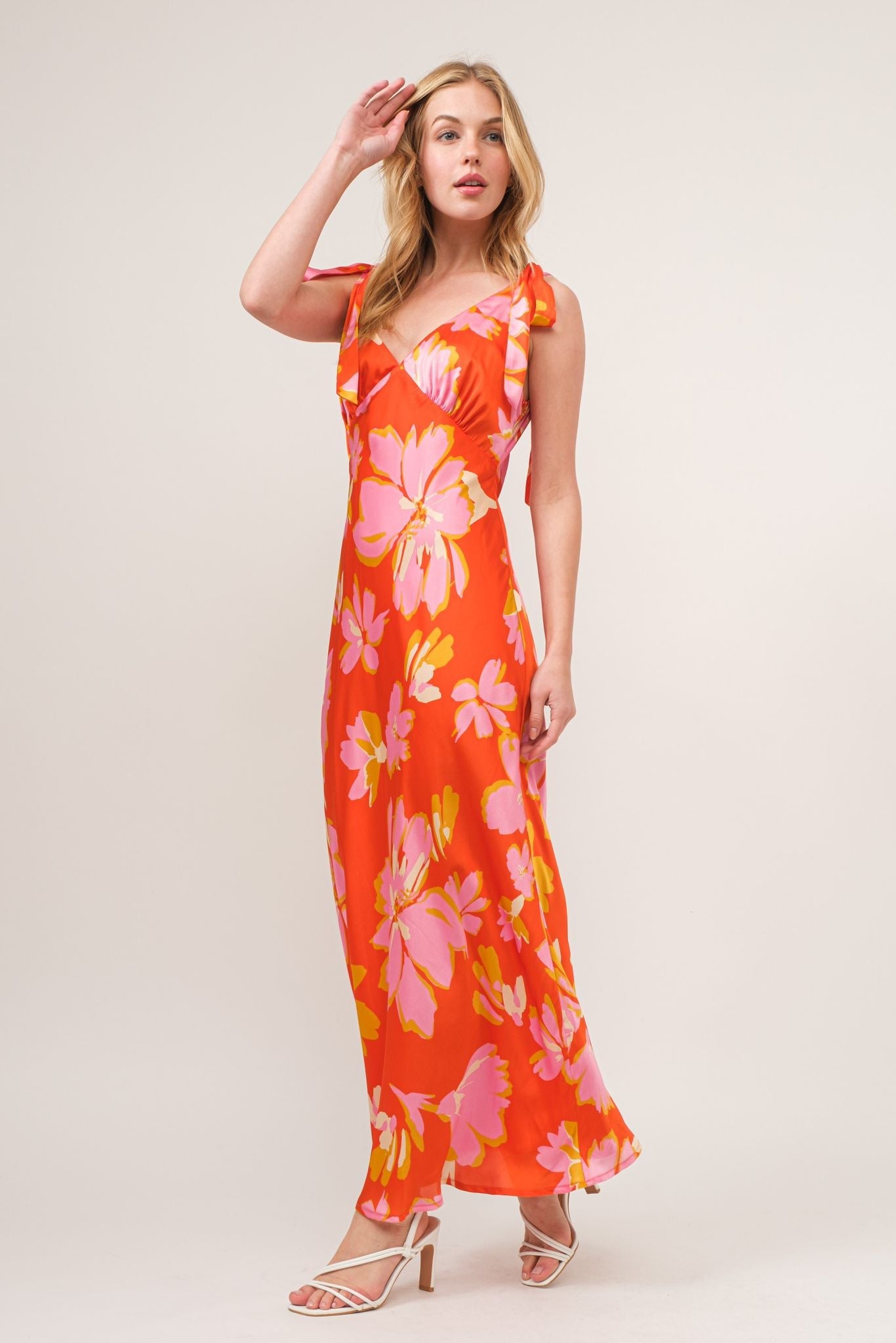 Andthewhy Tied Shoulder Strap Big Flower Sateen Dress