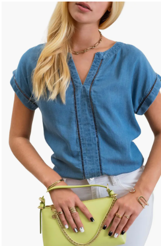 Mine Split Neck Ladder Lace Trim Chambray Top