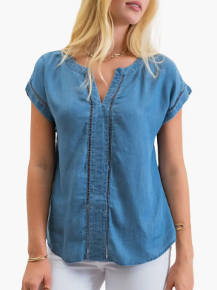 Mine Split Neck Ladder Lace Trim Chambray Top