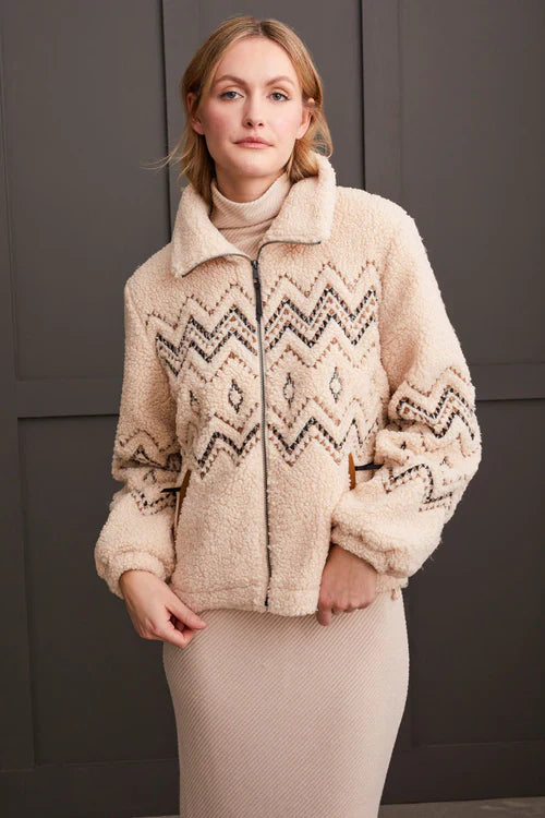 Tribal Lined Boucle Sherpa Jacket with Embroidery