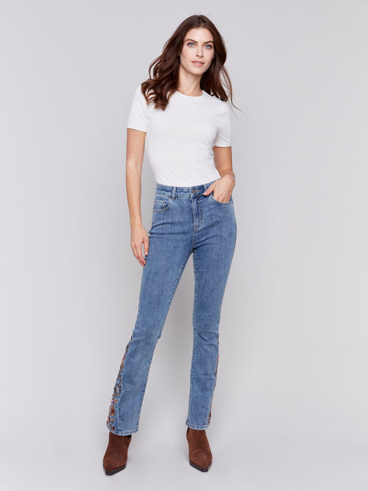 Charlie B Embroidered Insert Side Bootcut Leg Pant