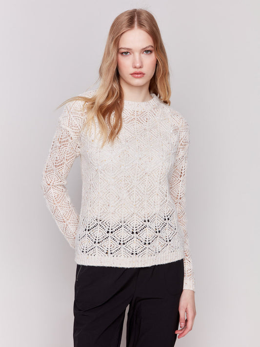 Charlie B Long Sleeve Crew Neck Crochet Sweater