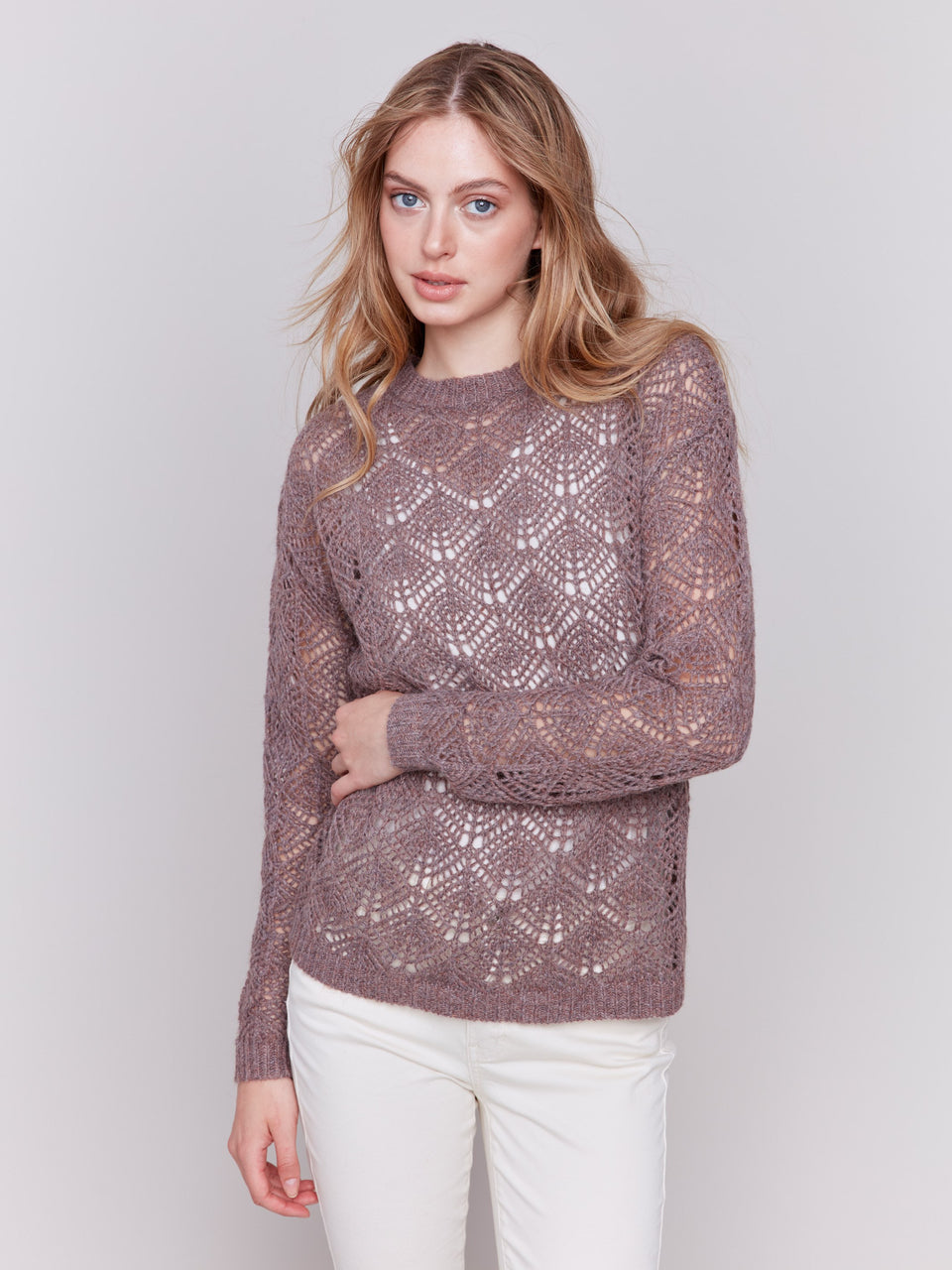 Charlie B Long Sleeve Crew Neck Crochet Sweater