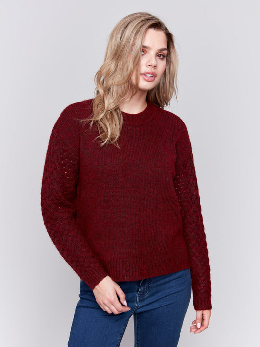 Charlie B Crew-Neck Plushy Yarn Sweater With Net Stitch Sleeves