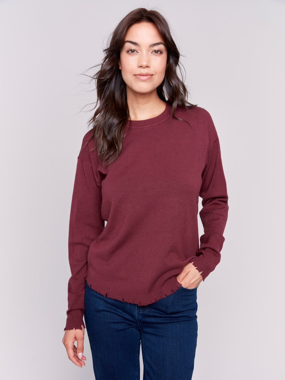 Charlie B Crew-Neck Ripped Edges Drop-Shoulder Plushy Sweater