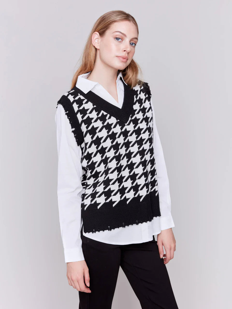 Charlie B Houndstooth Fooler Vest with Shirt Collar