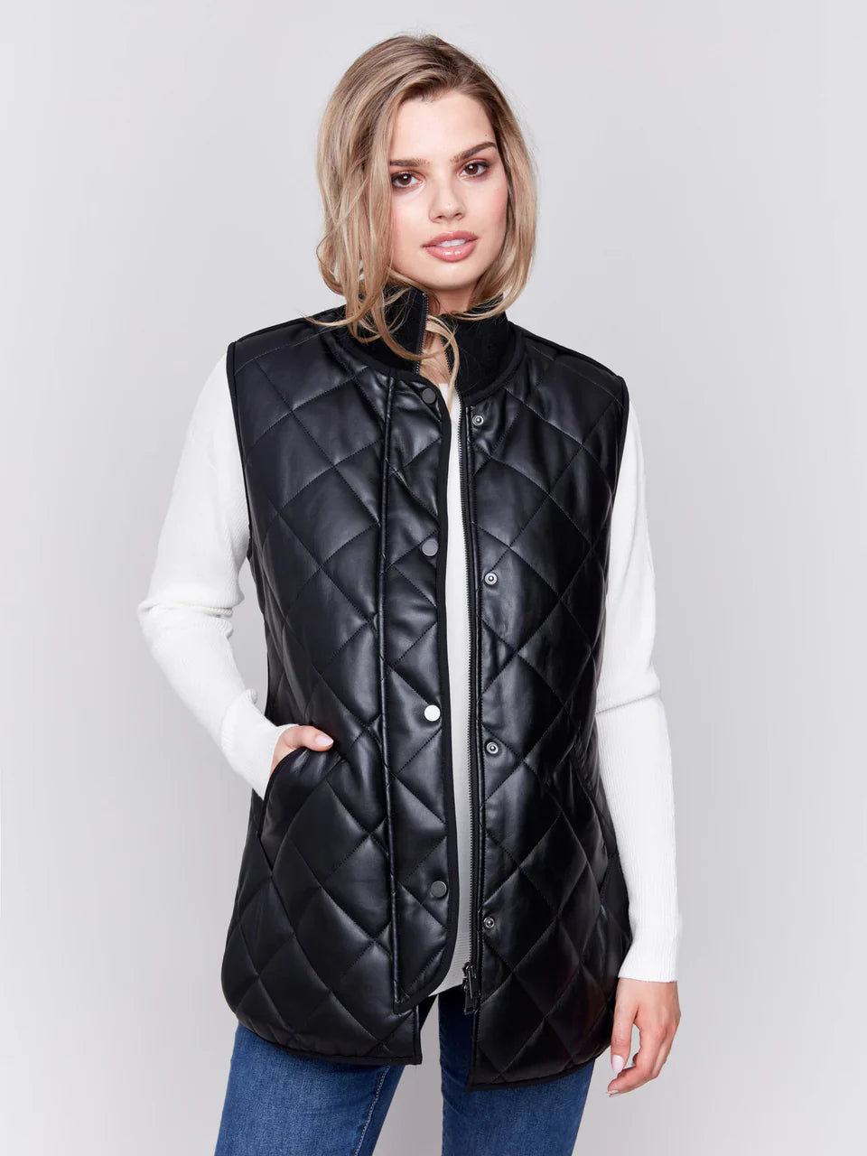 Charlie B Long Quilted Faux Leather Vest