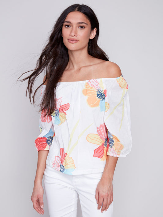 Charlie B Digital Printed Off Shoulder 3/4 Sleeve Lined Top