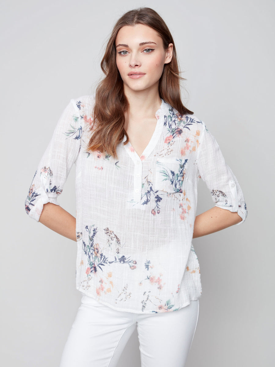 Charlie B Printed Roll Up Sleeve Blouse