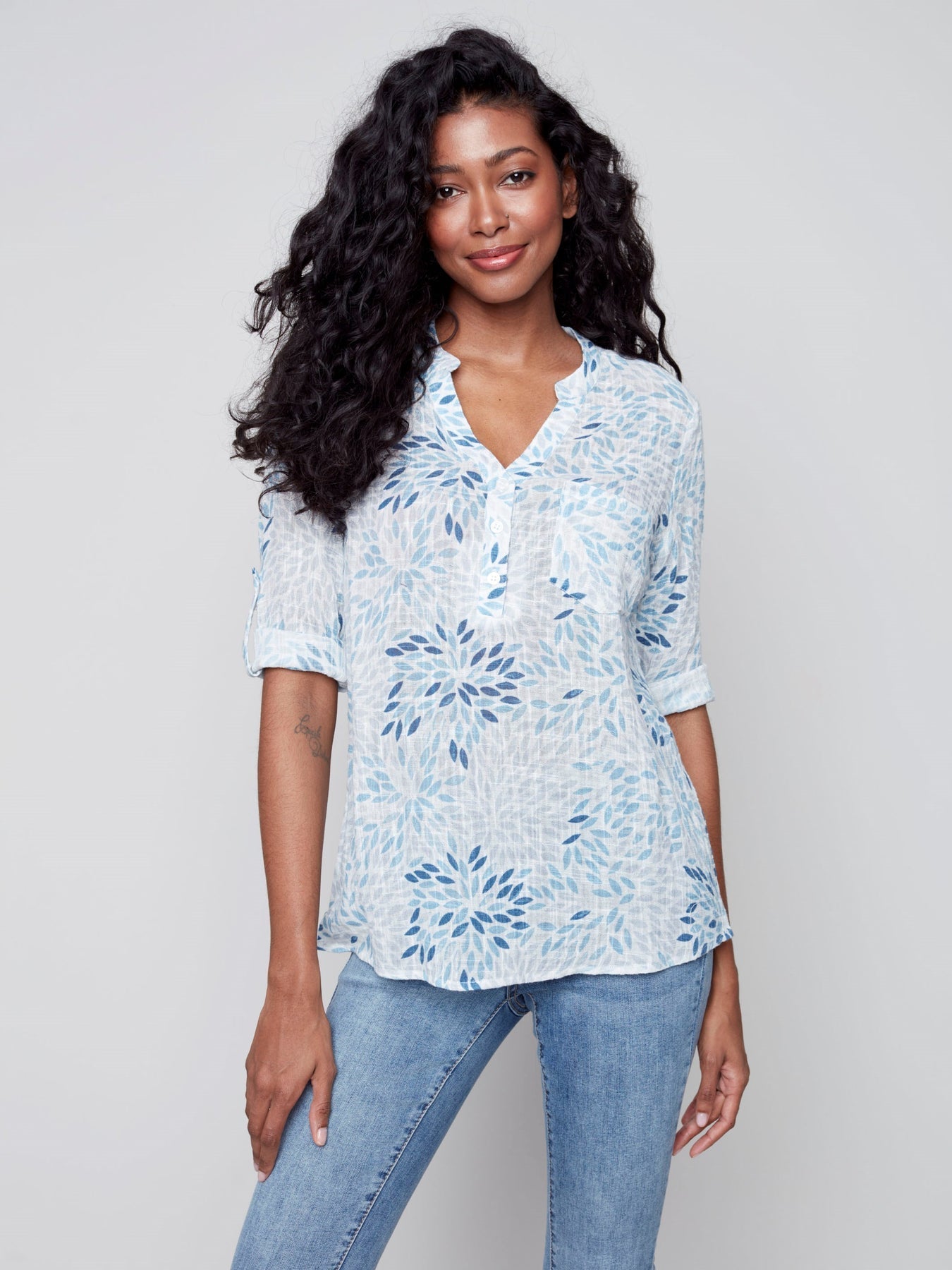 Charlie B Printed Roll Up Sleeve Blouse