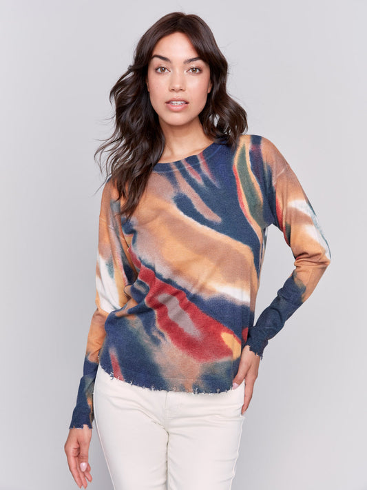 Charlie B Printed Crew-Neck Ripped Edges Drop-Shoulder Plushy Sweater