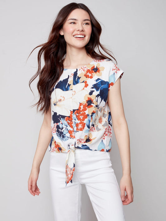 Charlie B Printed Cap Sleeves Round Neck Front Tie Top