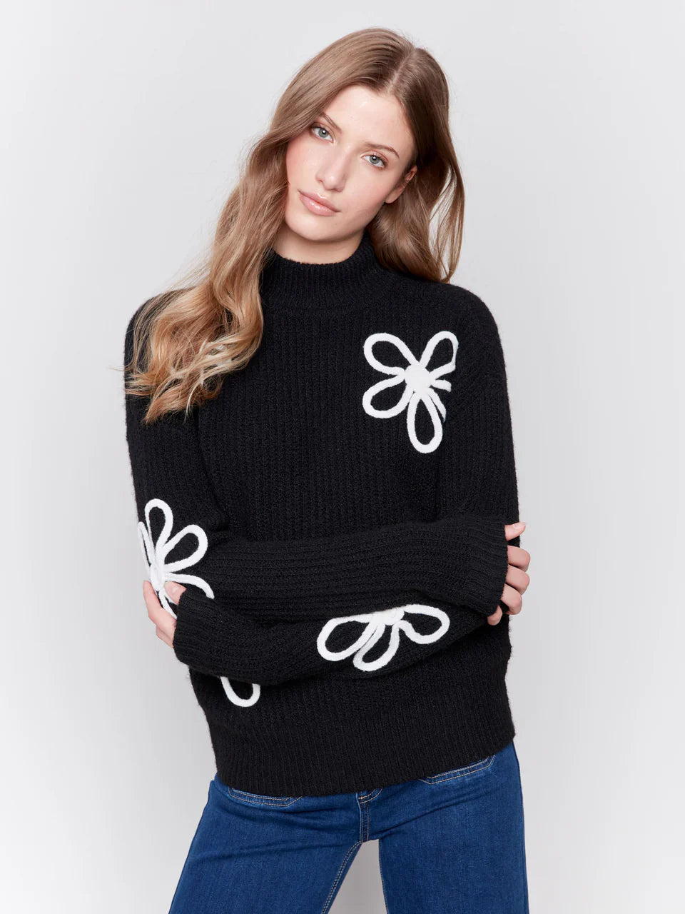 Charlie B Soutache Mock Neck Floral Sweater