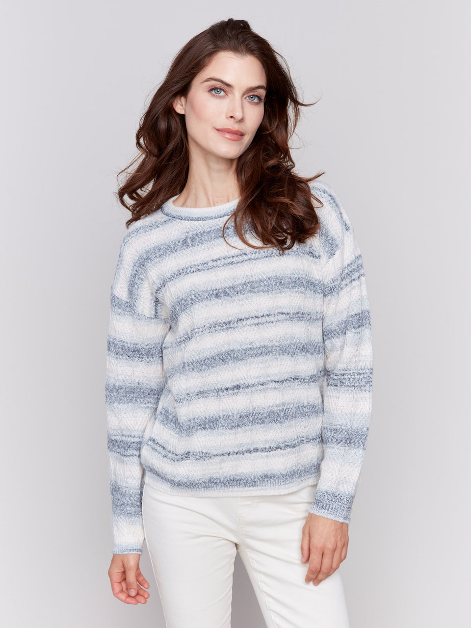 Charlie B Space Dye Striped Crew Neck Cable Knit