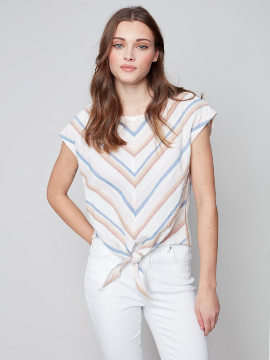 Charlie B Striped Cap Sleeves Round Neck Front Tie Top