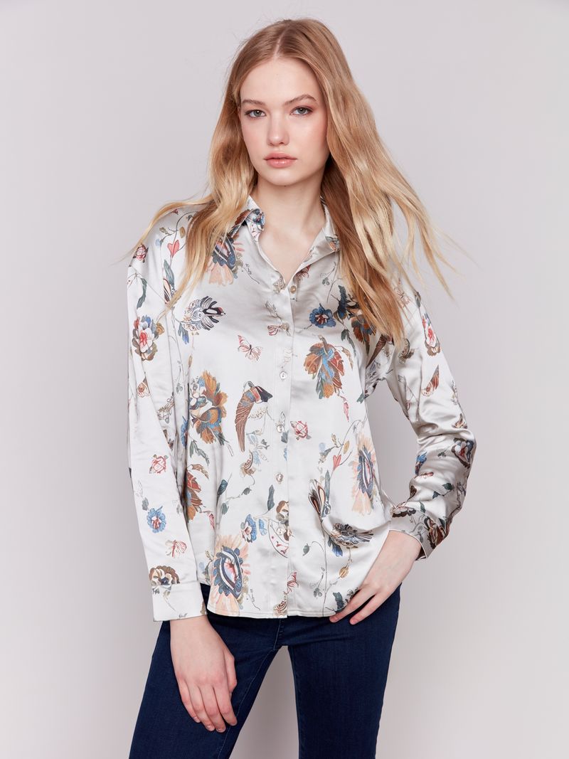 Charlie B Printed Satin Button-Down Shirt