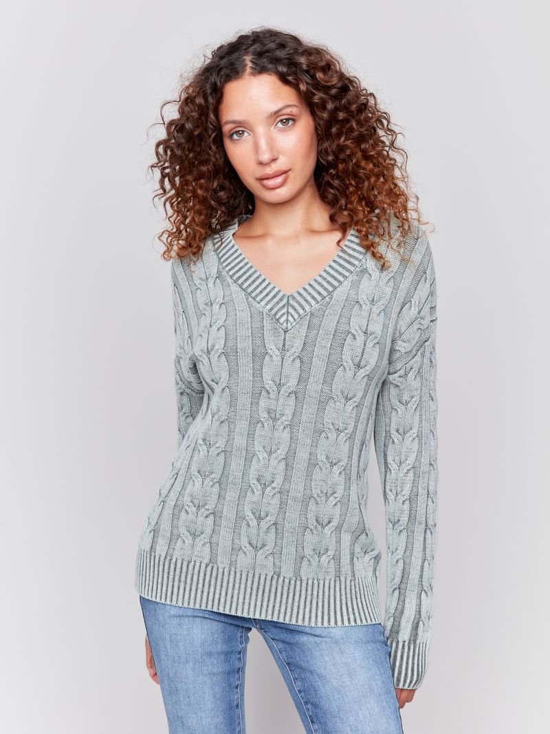 Charlie B V-Neck Cable Knit Sweater