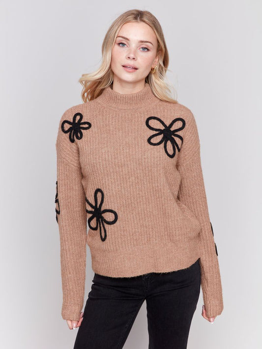 Charlie B Soutache Mock Neck Floral Sweater