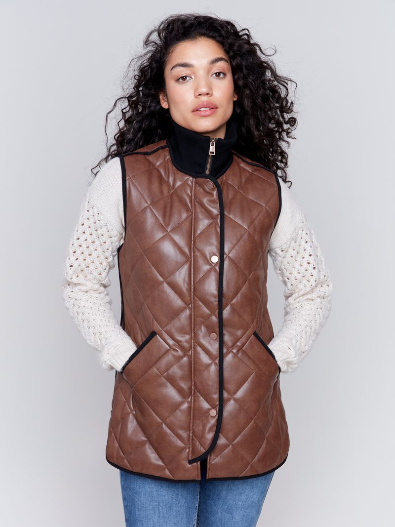 Charlie B Long Quilted Faux Leather Vest