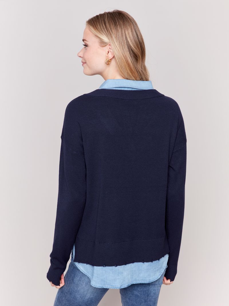 Charlie B V-Neck Fooler Sweater with Shirt Collar