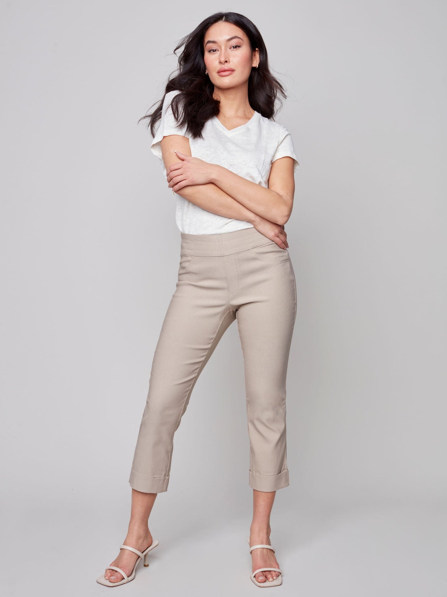 Charlie B Solid Pull On Stretch Cropped Cuffed Pant