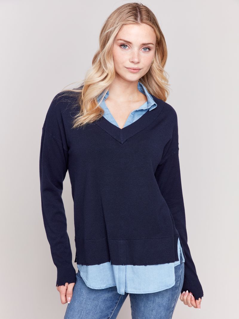 Charlie B V-Neck Fooler Sweater with Shirt Collar