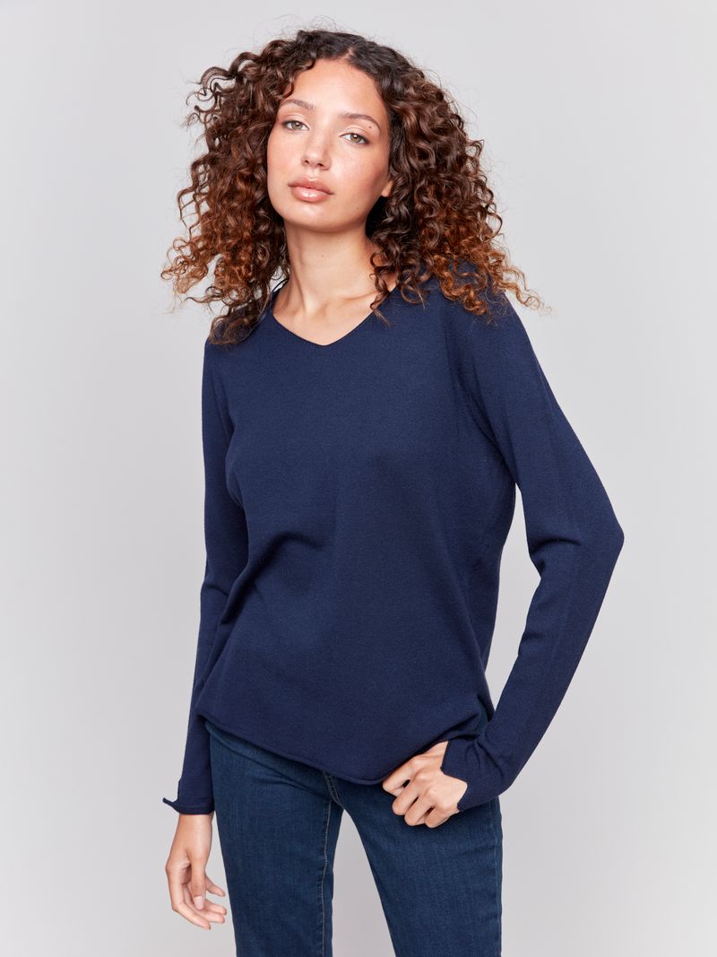 Charlie B Solid Basic Plushy V-Neck Sweater