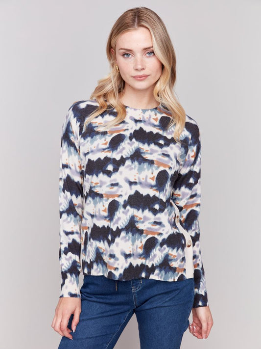 Charlie B Printed Sweater with Side Buttons