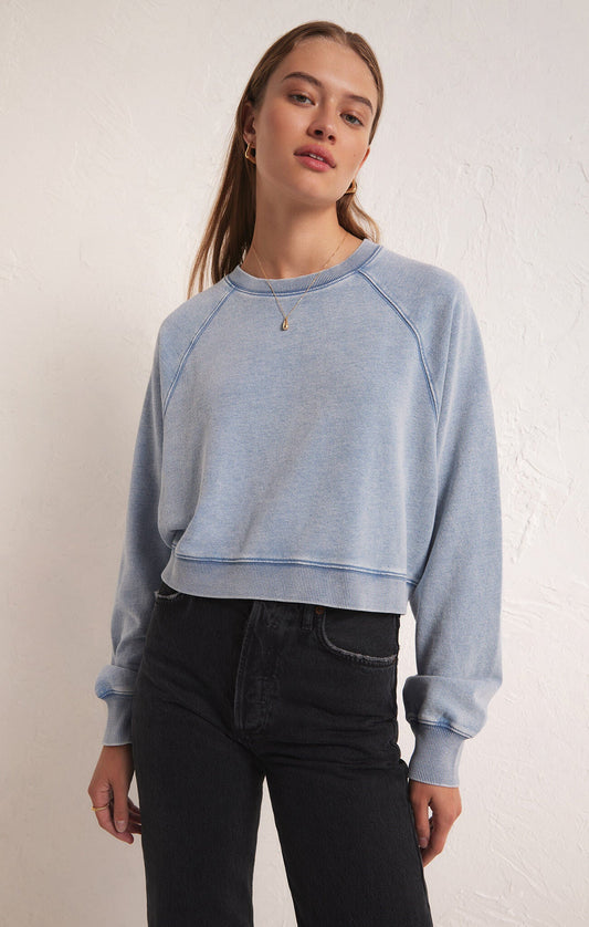 Z Supply Crop Out Knit Denim Sweatshirt